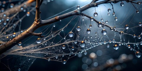 spider web with drops of water between the branches on the night - obrazy, fototapety, plakaty