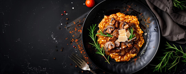 Savory risotto with sautéed mushrooms, parmesan shavings on a black plate with broad negative space, ideal for food-related editorial and advertising. Gastronomy and Italian cuisine concept  - obrazy, fototapety, plakaty