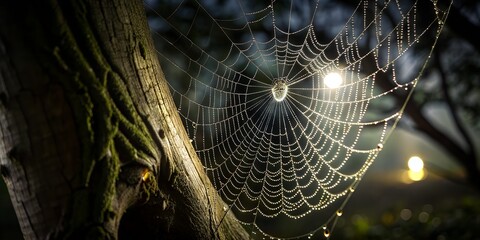 spider web with drops of water between the branches on the night