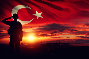 Silhouettes of soldiers saluting on background of sunset or sunrise and Turkish flag.  Memorial Day, Independence Day, greetings, generative ai