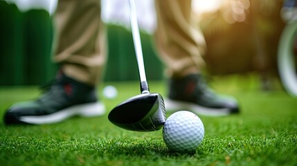Fototapeta premium Player swinging golf club to hit golf ball on course