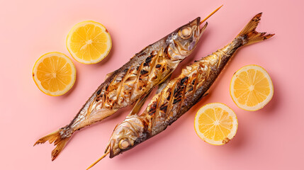 grilled fishes, close-up, simple soft pink background, isometric, top view, clean background,...