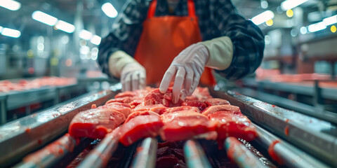Hands of a meat factory worker gathering packed meat on a conveyor belt - obrazy, fototapety, plakaty