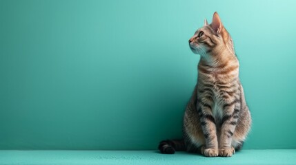 Funny cat sitting in front of a vibrant green wall with a striking turquoise backdrop behind it