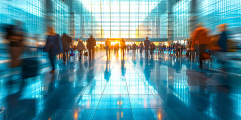 Modern airport, bustling with passangers and faculty in motion blur - obrazy, fototapety, plakaty
