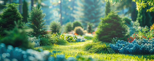 Beautiful coniferous garden with blue spruces, fir trees, thujas and junipers. Colourful background.