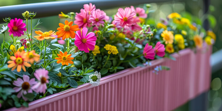 modern plastic pink flowerbox with colorful spring flowers on the terrace railing