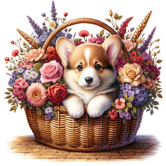 Cute Puppy dog breed Welsh corgi in basket with beautiful flowers