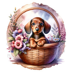Cute Puppy dog breed dachshund in basket with beautiful flowers