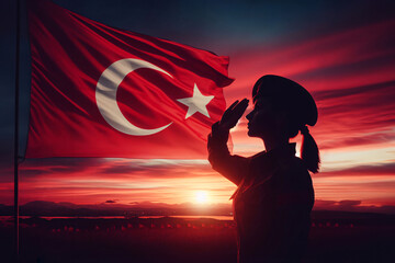 Silhouettes of soldiers saluting on background of sunset or sunrise and Turkish flag.  Memorial Day, Independence Day, greetings, generative ai