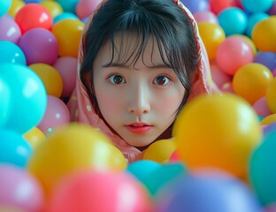 Obraz premium Asian woman enjoying colorful ball pit surrounded by balls of different shapes and sizes