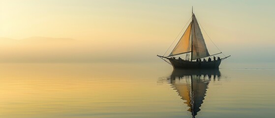 A lone sailing vessel stands out against the hazy, golden-hued sky at dusk, its reflection rippling across the calm waters, evoking a sense of solitude and wonder. - obrazy, fototapety, plakaty