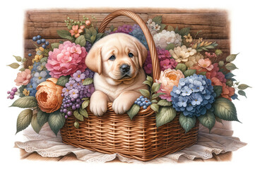 Cute Puppy dog breed Labrador in basket with beautiful flowers