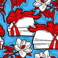 Gift box, ribbon and flowers seamless pattern for wrapping present with bow, party celebration, sale promotion, Textile print, fabric design, banner background. Hand drawn illustration cartoon style.