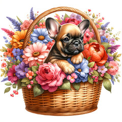 Cute Puppy dog breed French Bulldog in basket with beautiful flowers