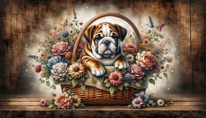 Cute Puppy dog breed bulldog in basket with beautiful flowers