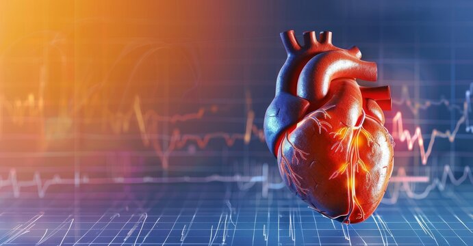 Heart with ECG line on science themed backdrop, Medical illustration, Cardiology concept, Biomedical technology concept,