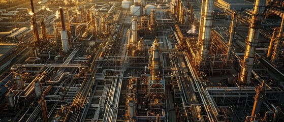 Fototapeta premium An expansive, brightly lit futuristic city skyline with towering skyscrapers, intricate networks of pipes and structures, and a glowing, dynamic atmosphere evoking a sense of technological progress.