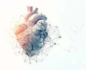 An artistic interconnected lines and nodes representing the link between artificial intelligence and human health, Abstract concept, technology in medicine, heart, AI, health concept