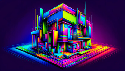 Vibrant neon-lit abstract house in futuristic geometric shapes.