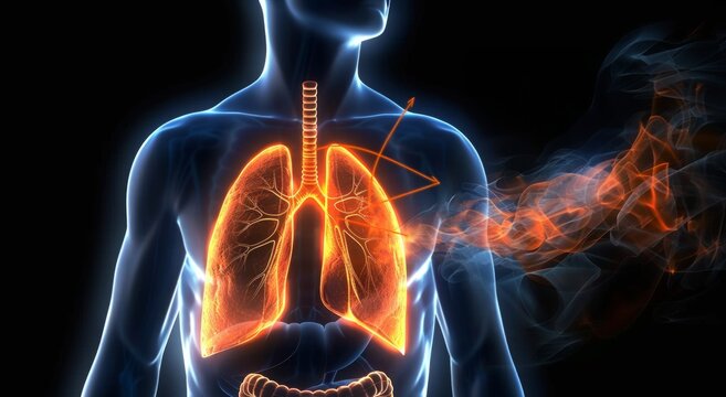 A glowing human body with orange highlighted lungs on black background illustrating the respiratory system, Medical education, anatomy concept