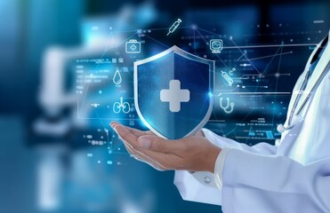 A doctor hand holds a digital shield symbolizing medical protection and security, Medical care, safety concept