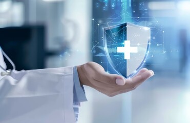 A doctor hand confidently holds a digital shield representing protection and security in medical care, Symbolic of healthcare safety, medical concept - obrazy, fototapety, plakaty