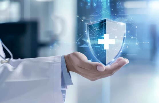 A doctor hand confidently holds a digital shield representing protection and security in medical care, Symbolic of healthcare safety, medical concept