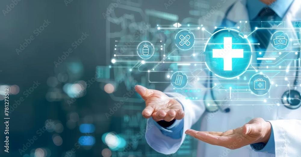 Wall mural A doctor in a white coat holds a tablet displaying digital medical icons on a virtual screen, Exploring health data, modern technology, medical concept