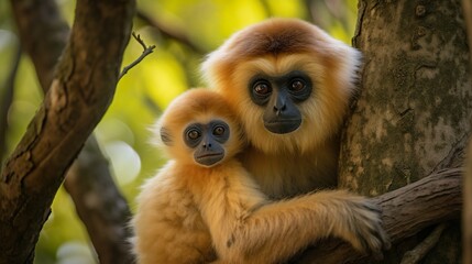 Obraz premium A heartwarming photo of two gibbons with expressive eyes cuddling on a branch, captured amidst natural green foliage