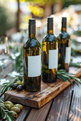 Fototapeta premium White wine bottles with blank labels on a wooden outdoor table