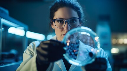 A focused female scientist analyzing a petri dish with samples surrounded by the blue light and advanced equipment of a modern laboratory