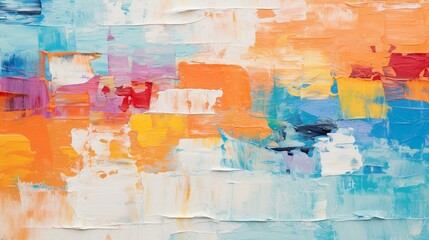 An up-close view of a textured abstract painting with dominant blue and orange hues against a white...