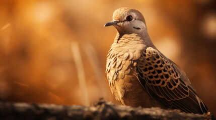 This image depicts a dove perched calmly, basking in the warm, golden hues of a tranquil background