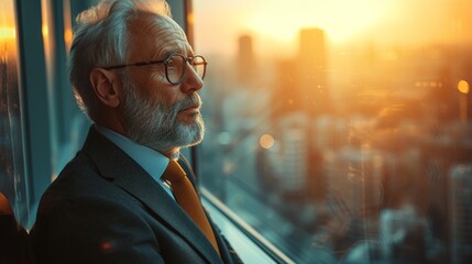 Mature businessman in formal attire gazing out of window at urban cityscape view in contemplation and reflection - Powered by Adobe