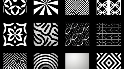 A collection of unique black and white patterns with varying geometric shapes and symmetrical designs