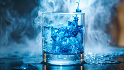 Glass with blue liquid splashing.