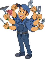 Handyman Cartoon Handy Man Caretaker Multitasking