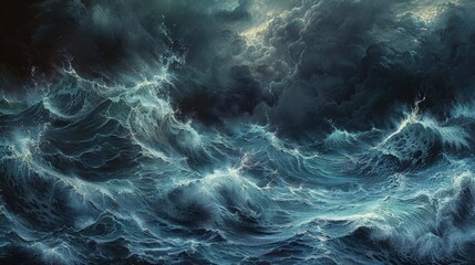 Fototapeta na wymiar Depict the dramatic dance of stormy ocean waves, their ferocity and might against the backdrop of a darkening sky. It's nature's powerful display of force and beauty intertwined