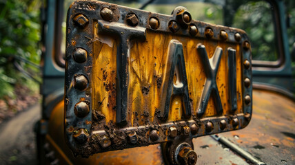 An old and rusty taxi sign.