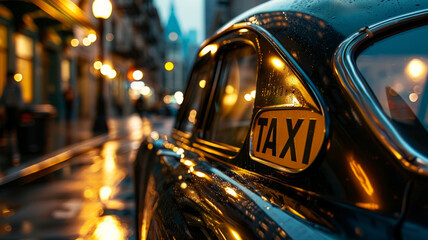 Close-up of a wet taxi sign at night