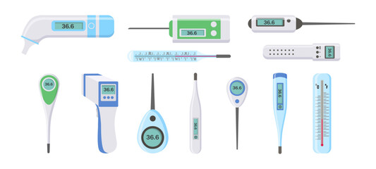 Electronic thermometers, infrared, liquid, measuring body temperature, food, environment. Set of medical thermometers for hospital during coronavirus. Health and diseases concept. Vector illustration.