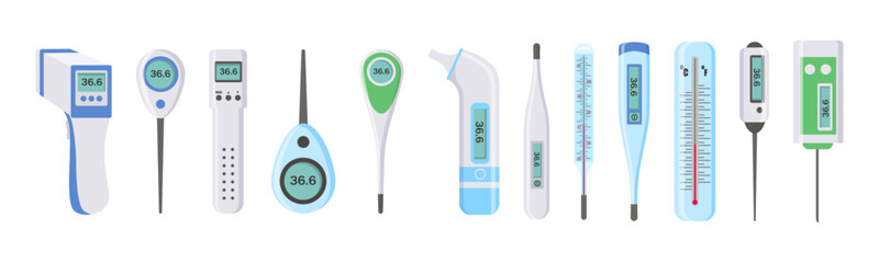 Electronic thermometers, infrared, liquid, measuring body temperature, food, environment. Set of medical thermometers for hospital during coronavirus. Health and diseases concept. Vector illustration.