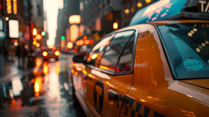 Fototapeta na wymiar Yellow taxi on a busy street at dusk.