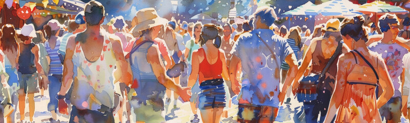 Fototapeta na wymiar Watercolor painting of diverse crowd of people walking down a bustling street. Various individuals of different ages, genders, and ethnicities are engaged in movement