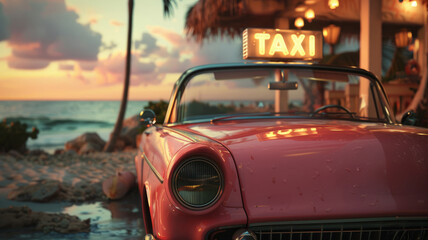 A vintage taxi parked near a beach at sunset - obrazy, fototapety, plakaty