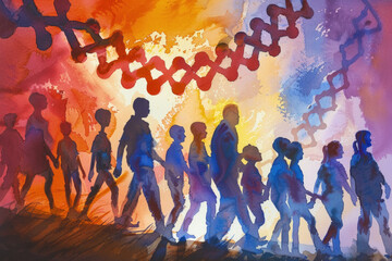 A line of featureless people walking in silhouette under a stylized DNA helix in a burst of colorful backdrop - obrazy, fototapety, plakaty