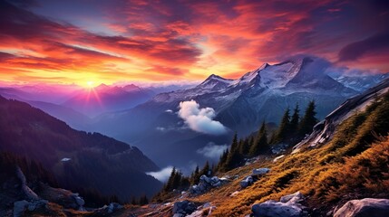 A breathtaking scene capturing the vibrant sunrise over majestic snow-covered peaks with clouds and a clear sky