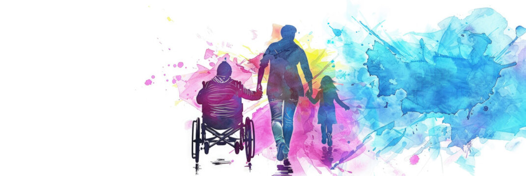 A vibrant watercolor illustration depicting a person standing and holding the hand of a wheelchair user