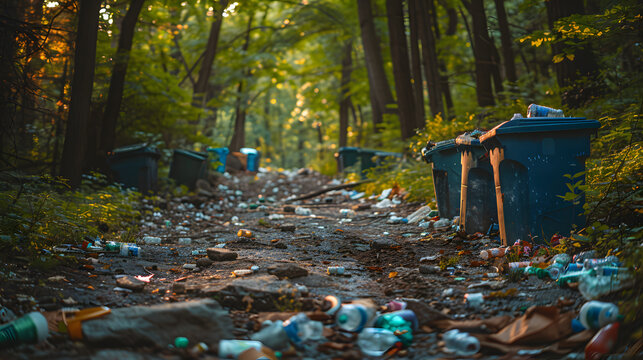 A forest, with overflowing trash bins at the trailhead as the background, during a national park clean-up effort